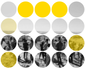 תמונת שחור לבן של אנשים יחד בשטח פץוח בתוך עיגולים קטנים ויש כמה עיגולים צהובים שמסמלים שמש והרמוניה